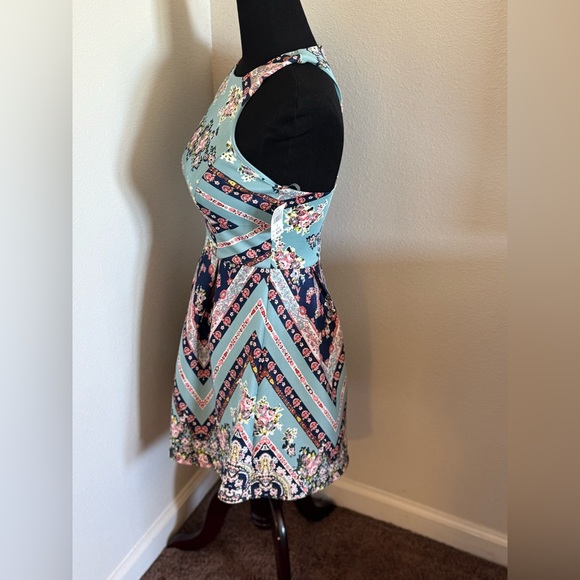 2 FOR $20 Teeze Me Juniors Blue Floral Scuba Dress Fit Flare Sleeveless 3 NEW - Picture 2 of 8